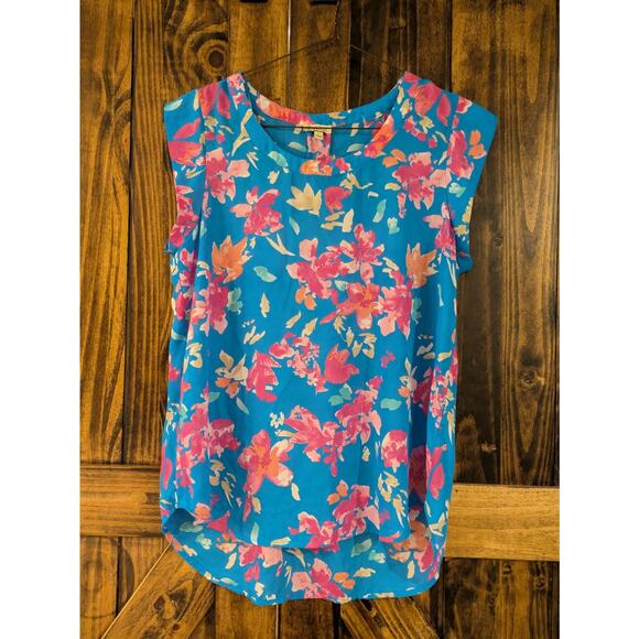 Lily White Short Cap Sleeve Floral Blue Top Blouse With Size Large in EUC - Picture 1 of 4